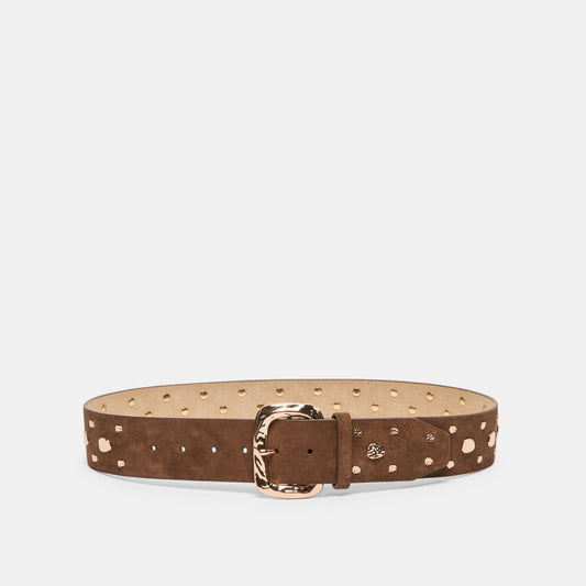 RECTANGLE BUCKLE STUDDED BELT BROWN