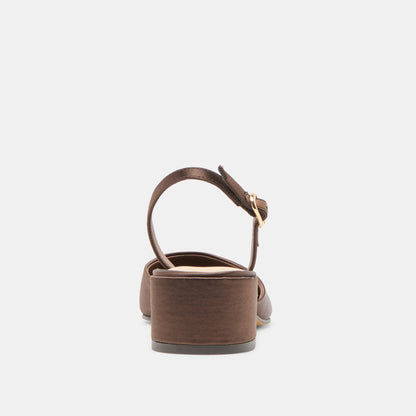 CAREL HEELS DK BROWN SATIN