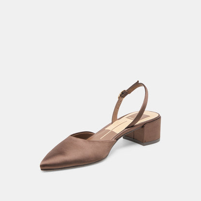 CAREL HEELS DK BROWN SATIN