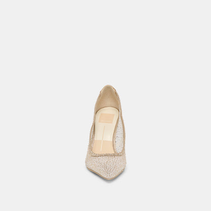 KASHE CRYSTAL HEELS LT GOLD MESH