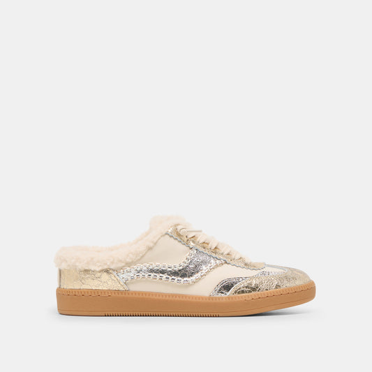 NOTICE SLIDE PLUSH SILVER GOLD CRACKLED LEATHER