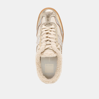 NOTICE SLIDE PLUSH SILVER GOLD CRACKLED LEATHER