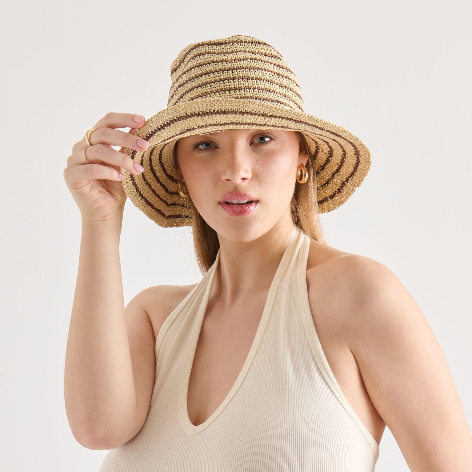 STRIPED STRAW CLOCHE BROWN NATURAL
